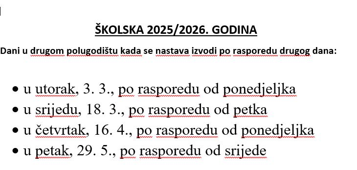 OBAVIJEST – o danima promjene rasporeda časova 2025/2026