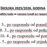 OBAVIJEST – o danima promjene rasporeda časova 2025/2026